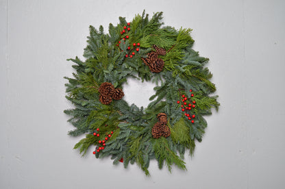 28" Noble Fir Wreath w/ Pinecones and artificial red berries