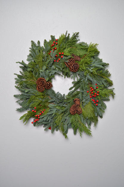 28" Noble Fir Wreath w/ Pinecones and artificial red berries
