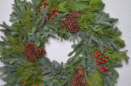 28" Noble Fir Wreath w/ Pinecones and artificial red berries