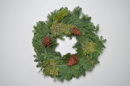 24" Noble Fir Wreath w/ Juniper, Incense Cedar, and Pinecones
