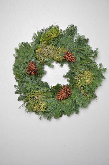 24" Noble Fir Wreath w/ Juniper, Incense Cedar, and Pinecones
