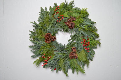 28" Noble Fir Wreath w/ Pinecones and artificial red berries
